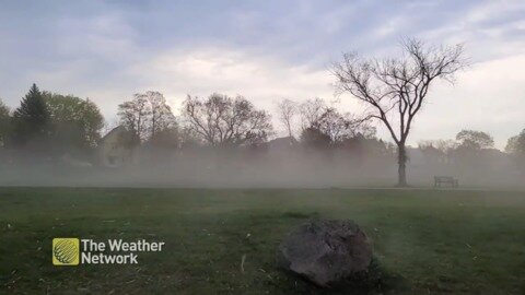 Gusty winds blow sand through parking lot