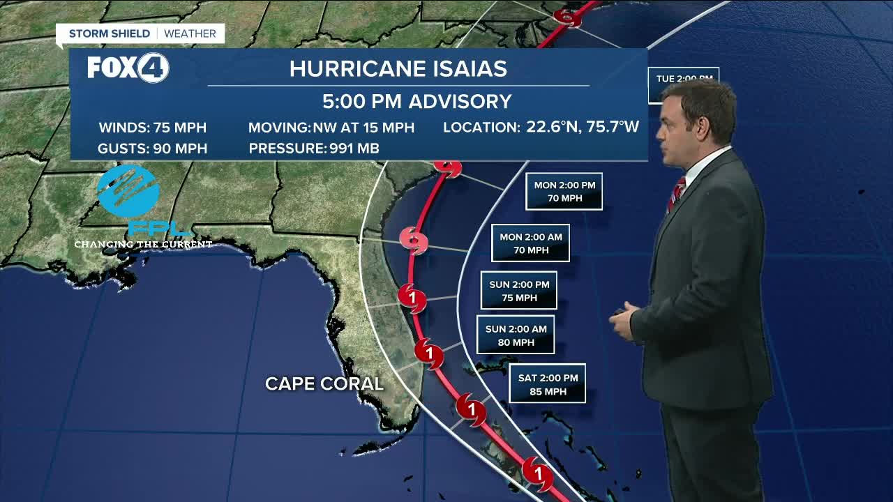 The track of Hurricane Isaias moves slightly west