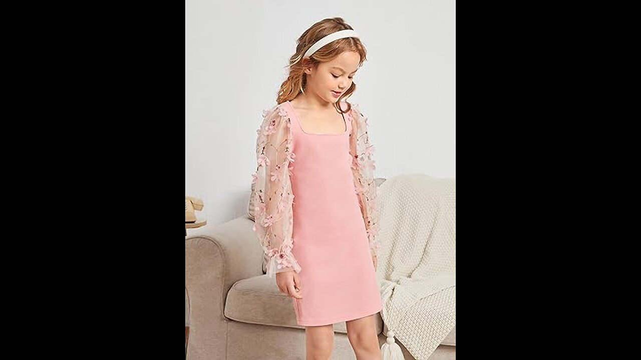 Robe en maille transparente à manches longues et col carré pour fille, Caractéristiques : manches transparentes en maille, manches longues à volants, appliques, robe rose pour fille. Le tissu est un peu extensible, doux et confortable. Idéal pour la