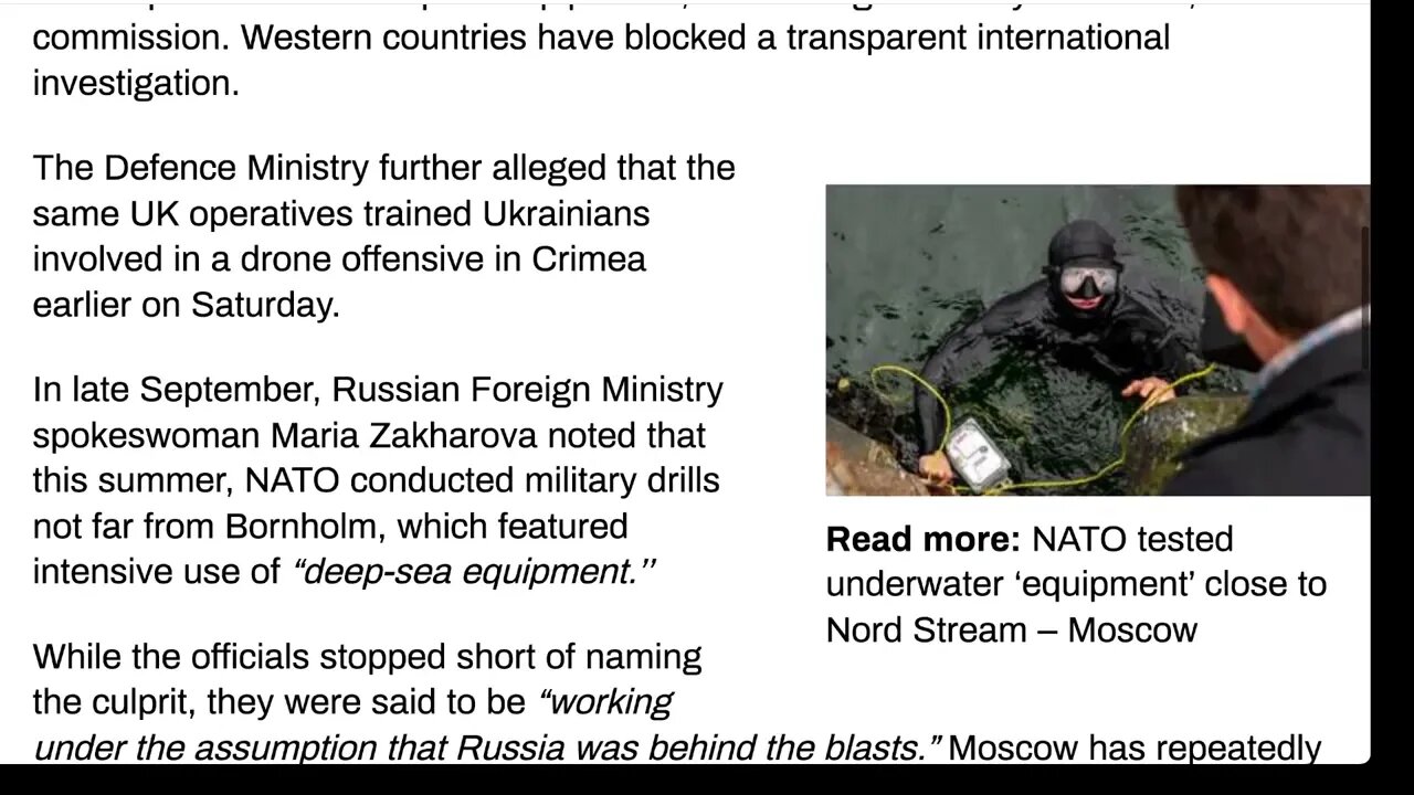 俄羅斯聲稱，皇家海軍特工在 9 月“參與了計劃、支持和實施”炸毀北溪天然氣管道基礎設施的陰謀