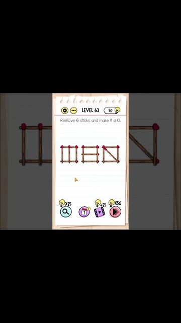 Brain Test Tricky Puzzles Level 63 Remove 6 sticks and make it a 10.