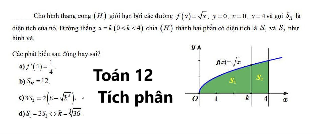 Cho hình thang cong (H) giới hạn bởi các đường f(x)=√x, y=0,x=0,x=4