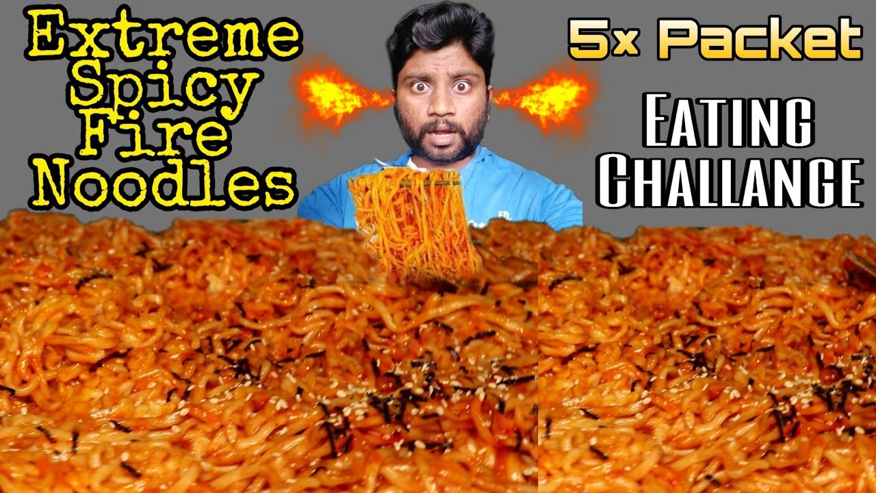 WORLD EXTREME SPICY FIRE NOODLES 5×P EATING CHALLENGE | VERY VERY SPICY | FIRST TIME IN WORLD