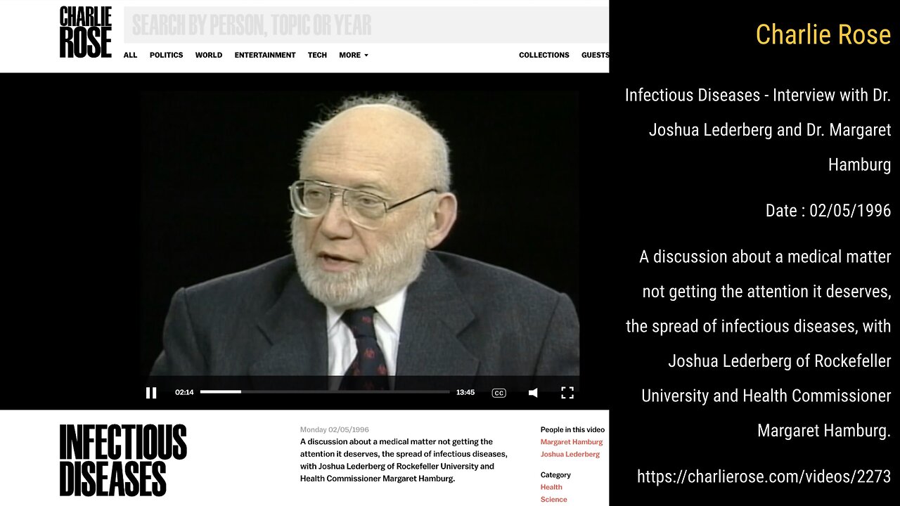 1996 (June 20) - Charlie Rose: Infectious Disease; Interview w/ Joshua Lederberg + Margaret Hamburg