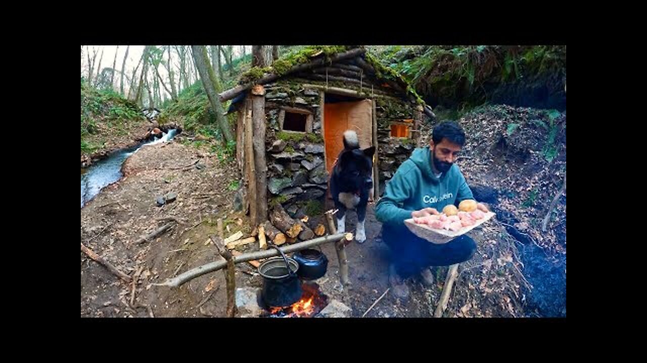 Building a BUSHCRAFT Survival SHELTER in the DEEP Forest. HOUSE out of WOOD & STONE. Winter Camping