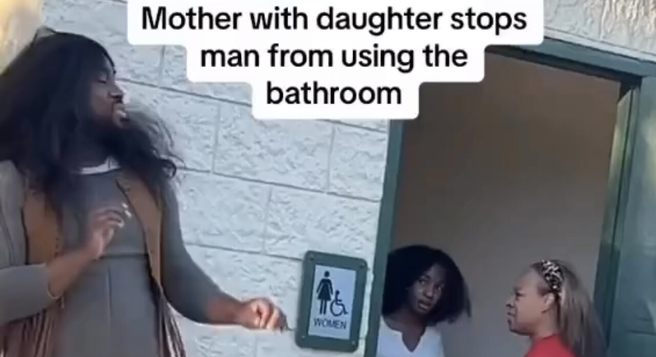 Mother with daughter stops a man from using the bathroom! This mom was not having it