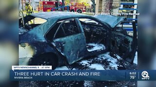 3 hurt in Riviera Beach car crash, fire