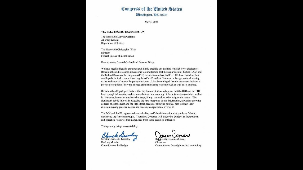 FBI to deliver Biden doc to Capitol Hill after Comer's threat to Director Wray 6-3-23 Fox Business