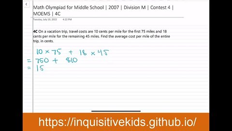 Math Olympiad for Middle School | 2007 | Division M | Contest 4 | MOEMS | 4C