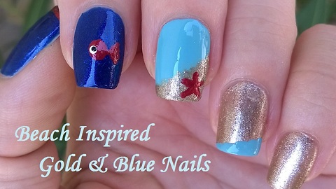 Blue & Gold Beach Inspired Nail Art For Summer