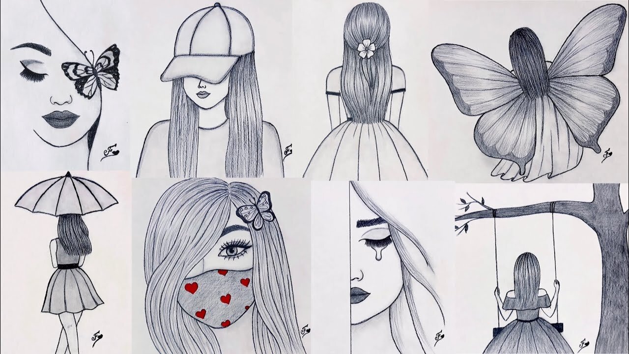 8 easy ideas for drawing girls ◈ Pencil sketch .◈