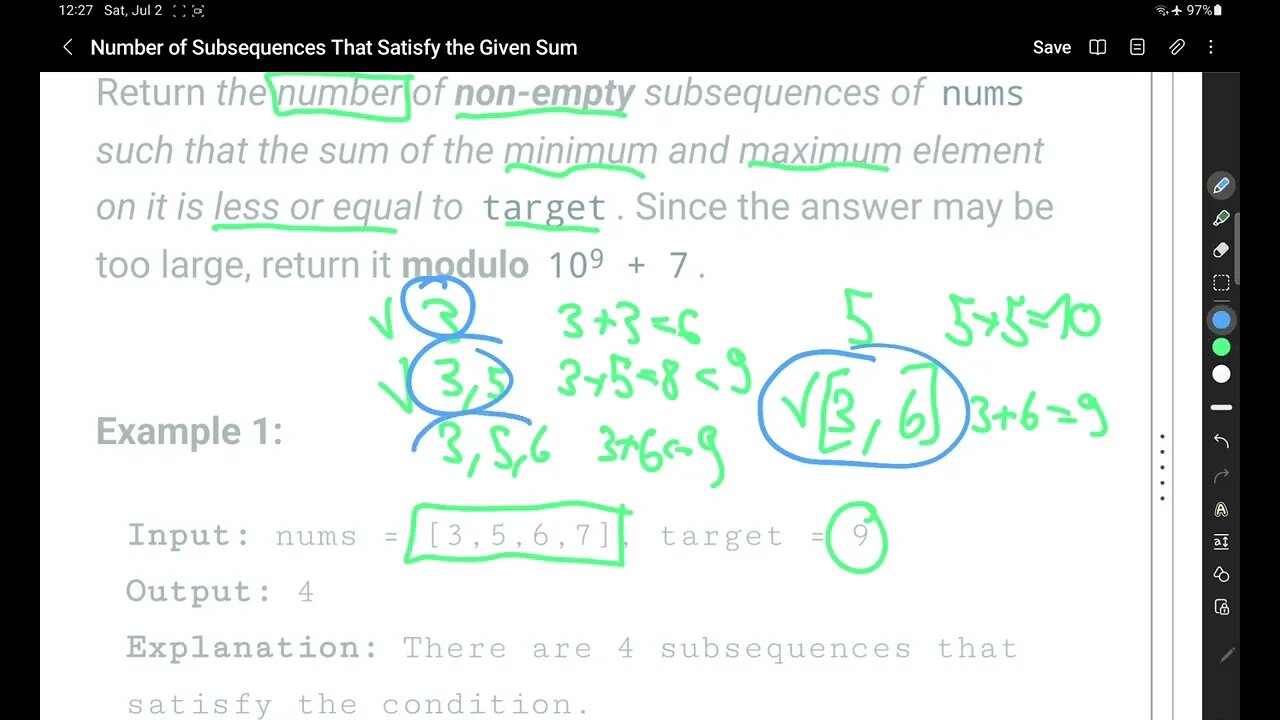 LeetCode 1498 Number of Subsequences That Satisfy the Given Sum Condition | Medium