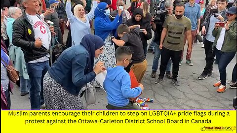 Muslim parents encourage their children to step on LGBTQIA+ pride flags during a protest