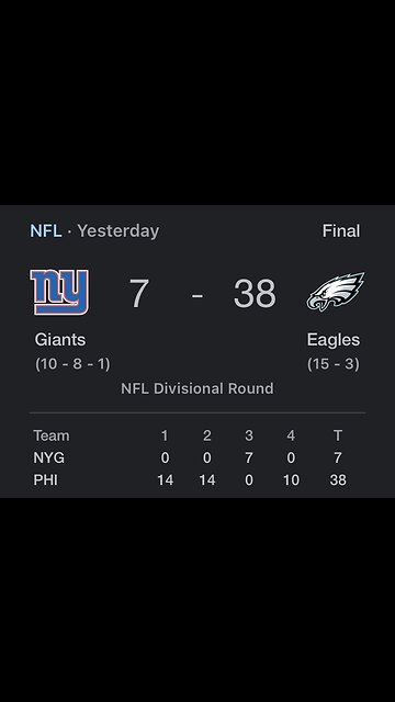 Eagles beat the Giants last night 38 to 7