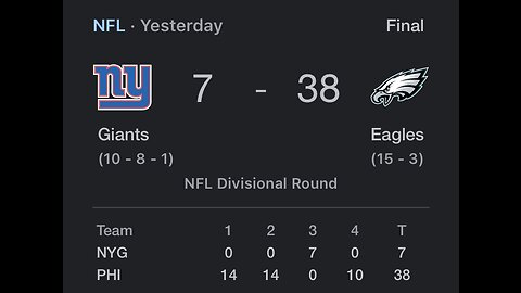 Eagles beat the Giants last night 38 to 7