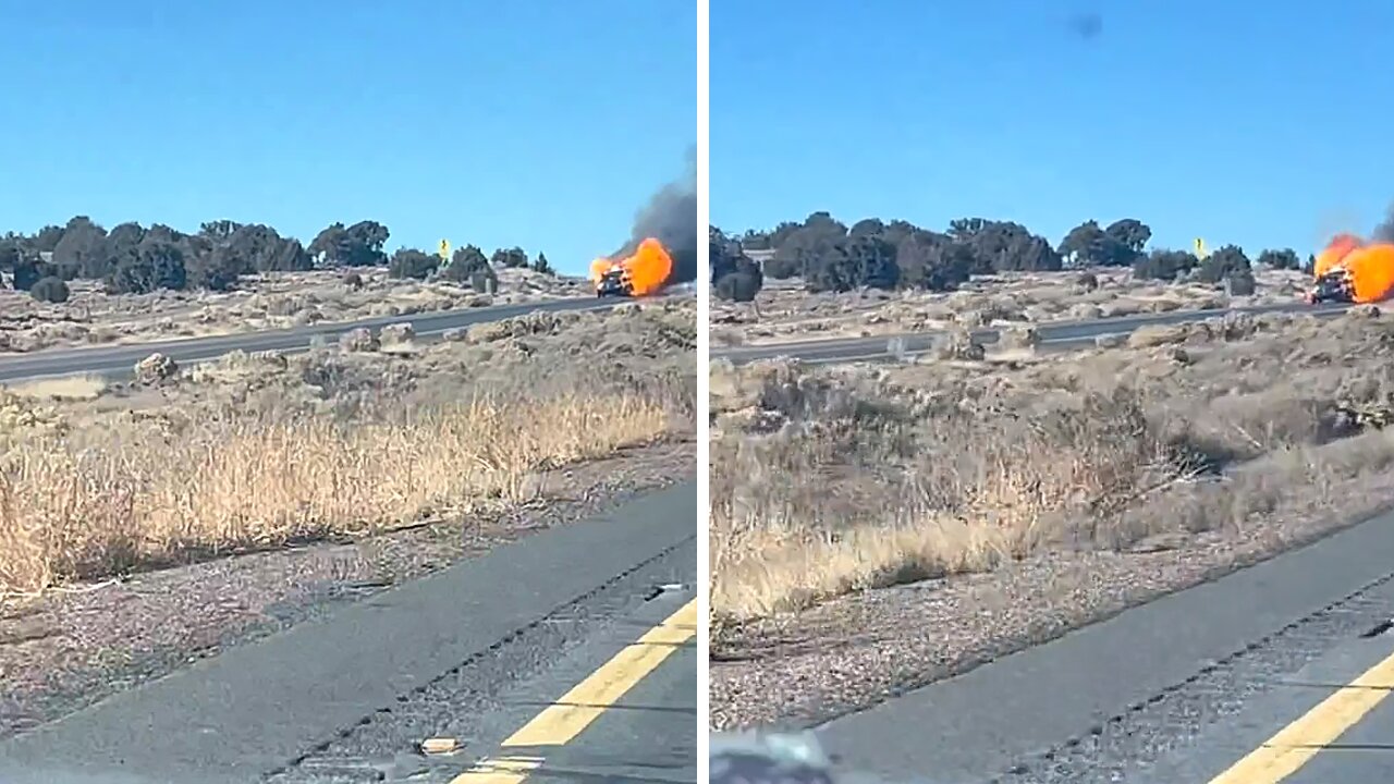 Random vehicle completely on fire drives down highway