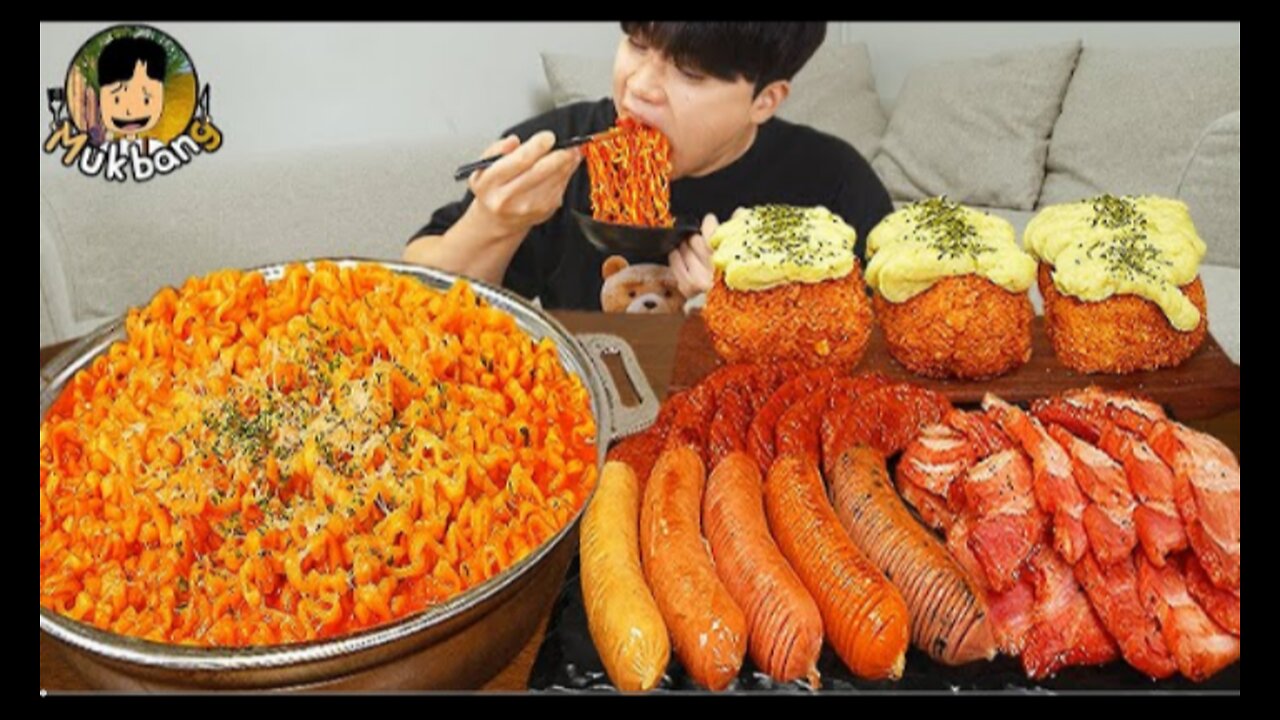 ASMR MUKBANG | Fire Noodles, Hot dog, pork belly, sausage recipe ! eating