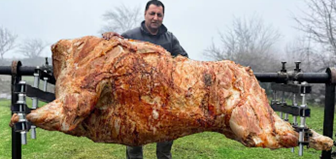 Nature Food Roasting a Huge Bull on a Steel Spit! The Best Meat I've Tasted