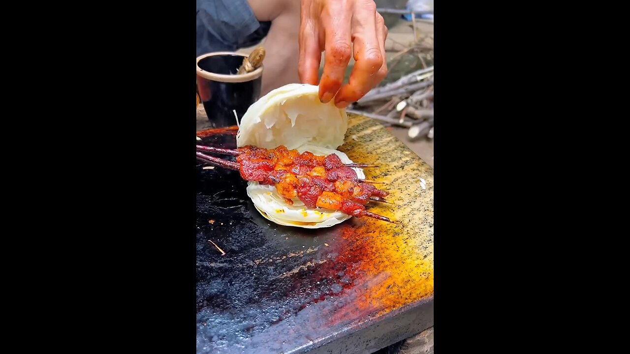 Chinese Grandpa Making Grill Meat Stuffed Bread