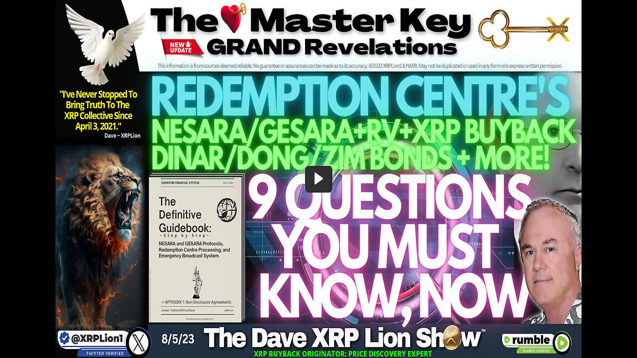 NEW DAVE XRP LION - GETTING THRU REDEMPTION CENTRE -AUG '23; 9 Q'S MUST KNOW (MUST WATCH) TRUMP NEWS