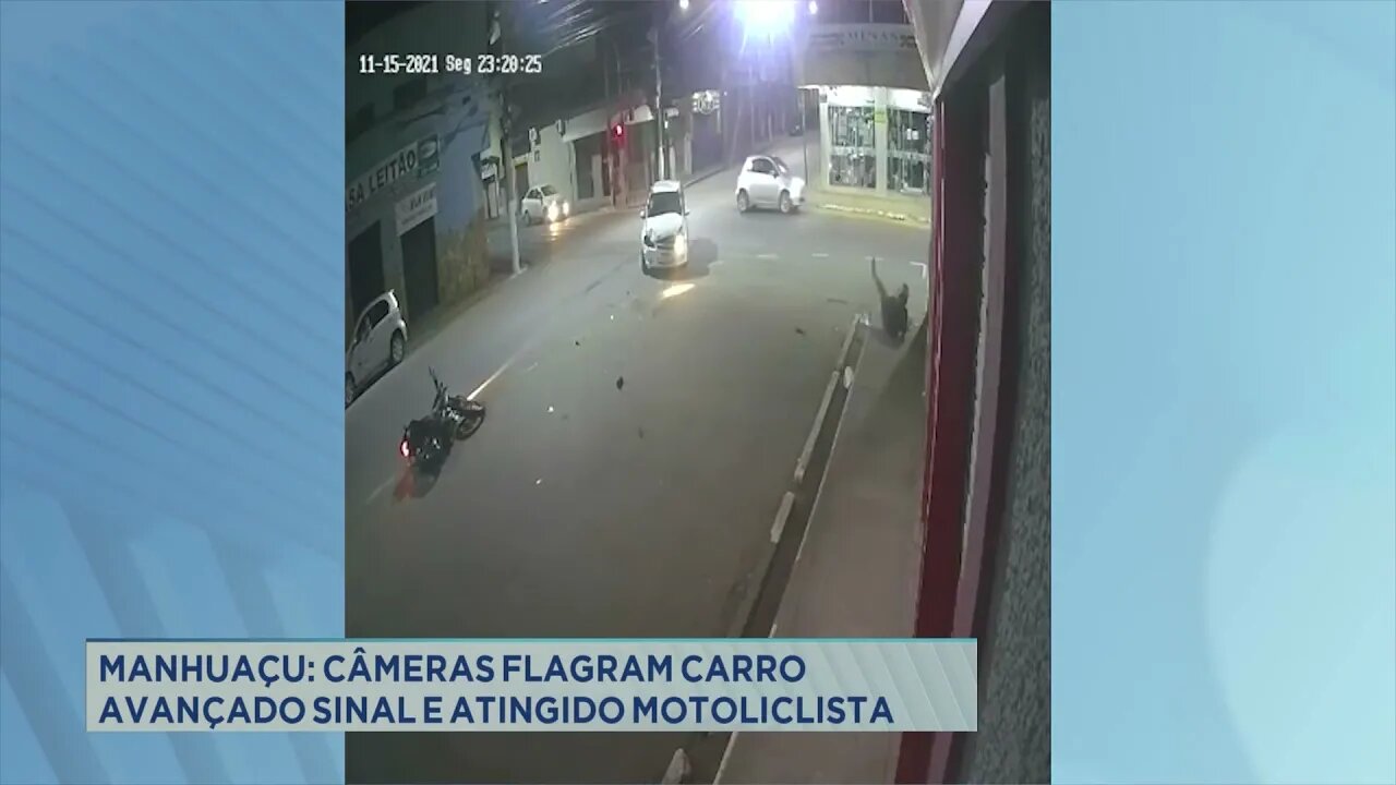 Manhuaçu: câmeras flagram carro avançando sinal e atingindo motociclista