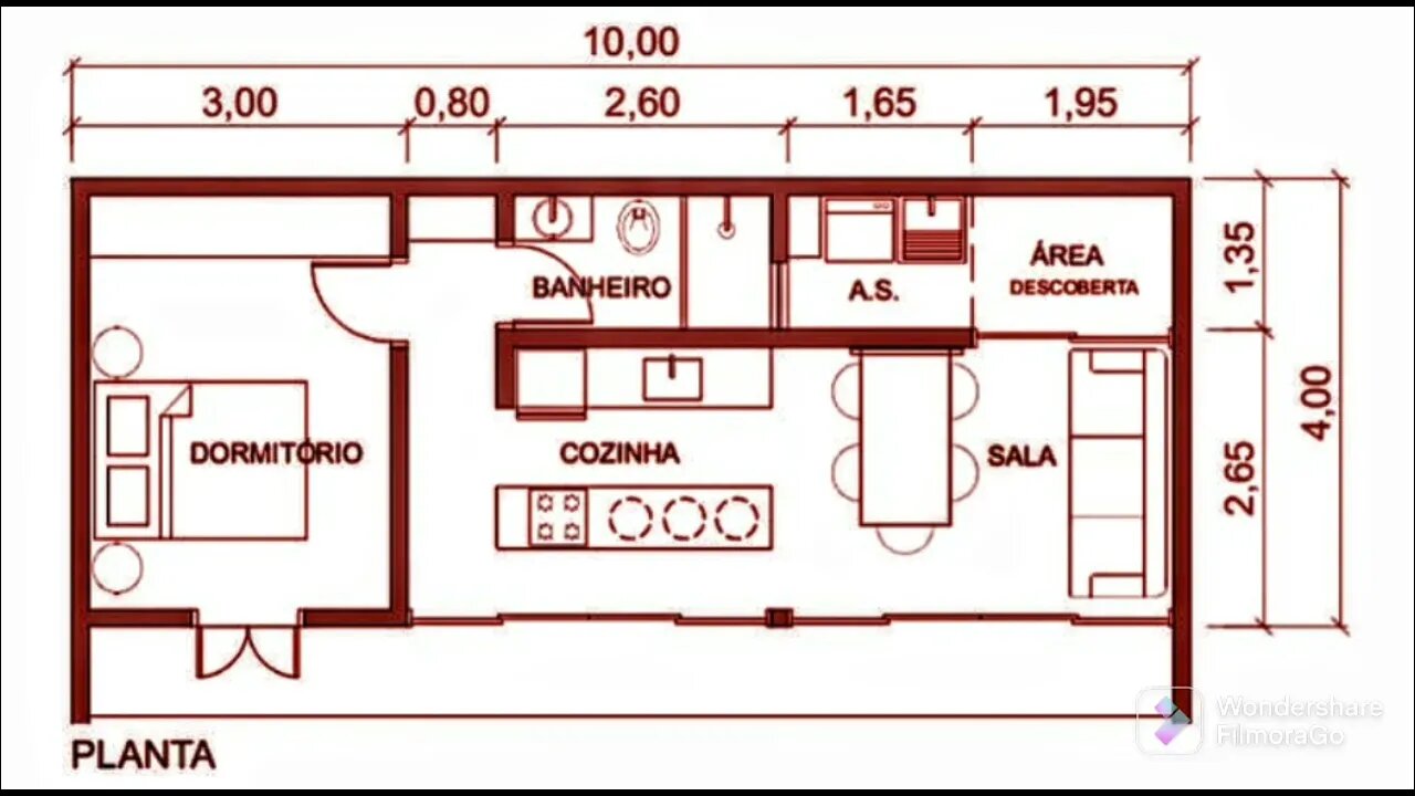 planta de casa econômica e eficiente 10x4 (40 metros quadrados)