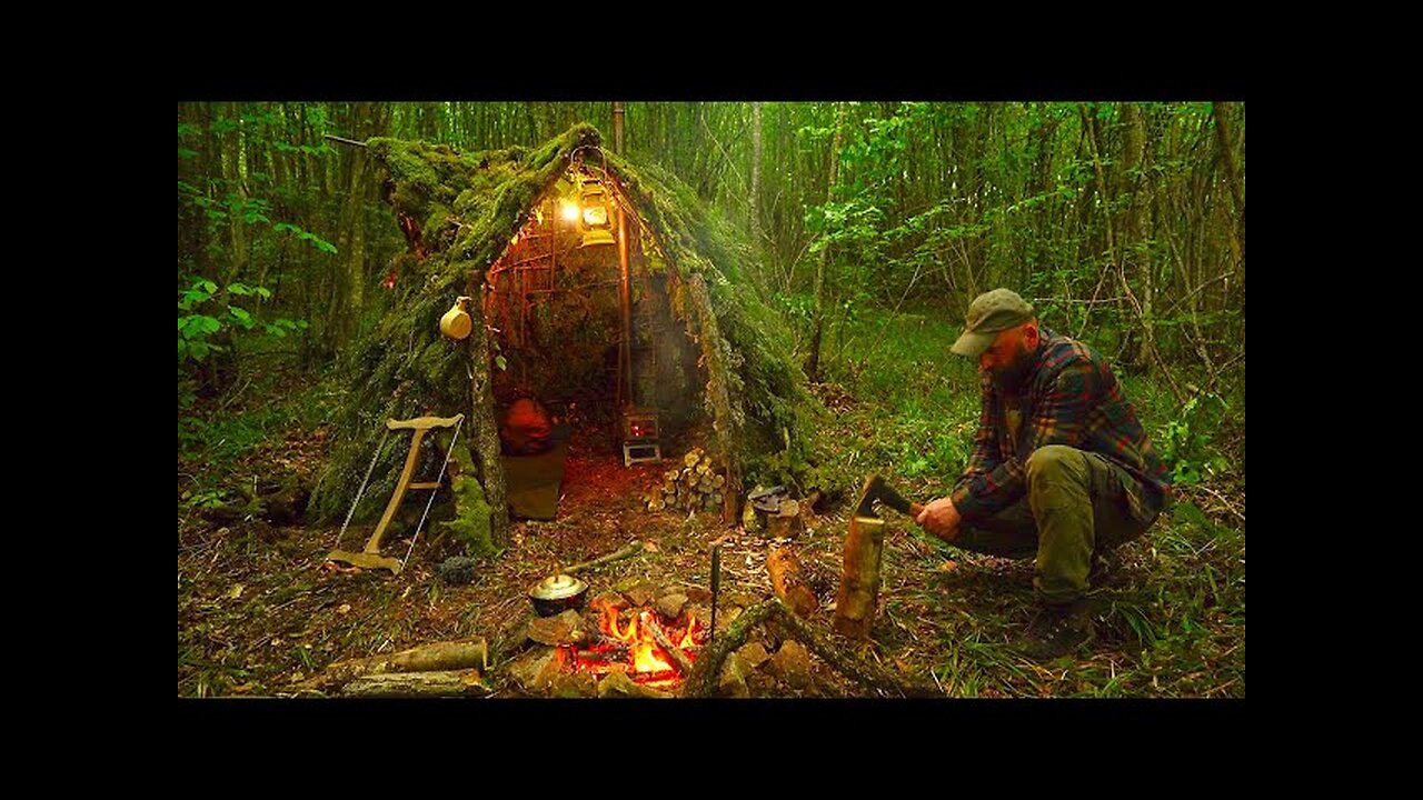 Building a Survival Shelter in a Forest - Camp food from natural herbs