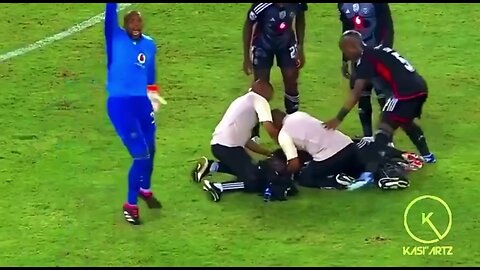 Orlando Pirates midfielder Makhehlene Makhaula is stretched off field after he collapsed