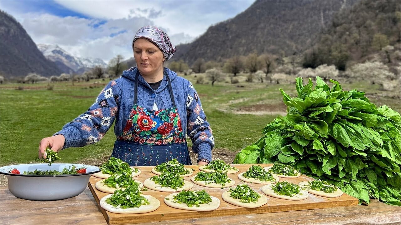 Pies with Fresh Herbs cooked in Nature! Sunny Day in the Village