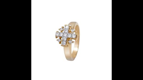 14K Yellow Gold Womens Christian Ring with Jerusalem Cross and 13 Diamonds