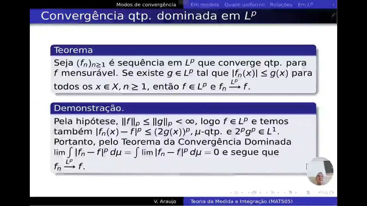 Medida e Integração: Modos de convergência - pontual, uniforme, em quase todo ponto (qtp.) e em L^p.