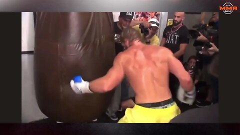 Logan Paul hitting the bag before his upcoming bout with Floyd Mayweather