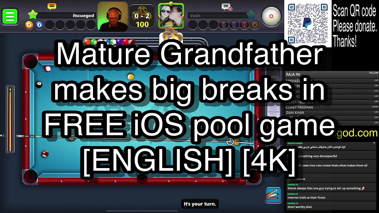 Mature Grandfather makes big breaks in FREE iOS pool game [ENGLISH] [4K] 🎱🎱🎱 8 Ball Pool 🎱🎱🎱[reRun]