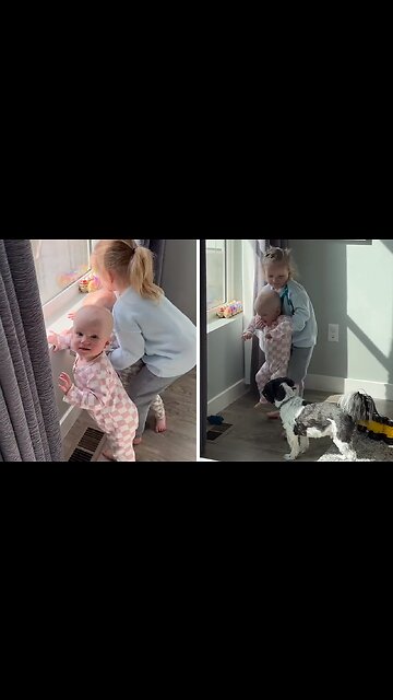 Big sister hilariously struggles to keep pace with twin siblings