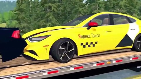 Funny car animation: A flatbed truck drags a few cars across the river, can they pass smoothly?