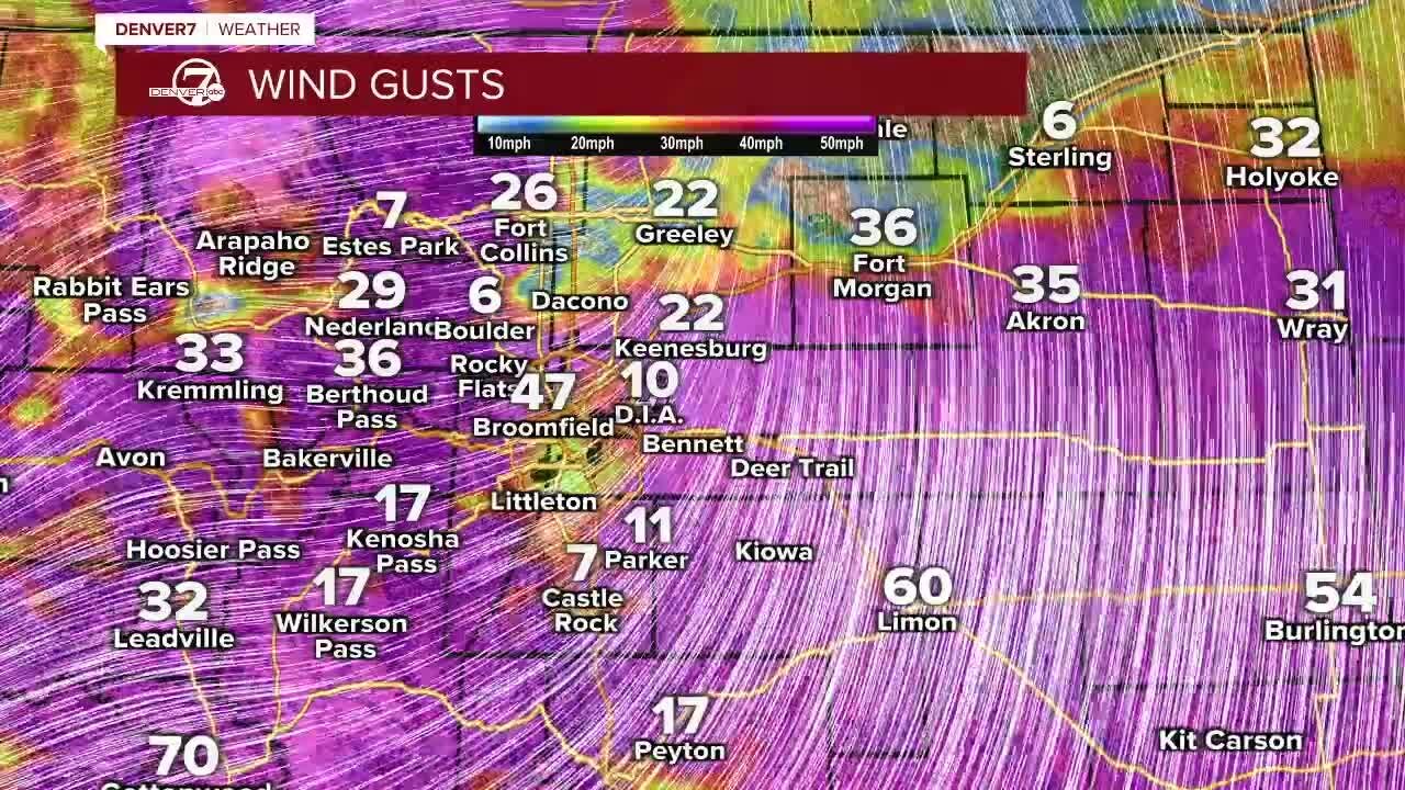 Wind speeds across eastern Colorado as of 10 a.m.