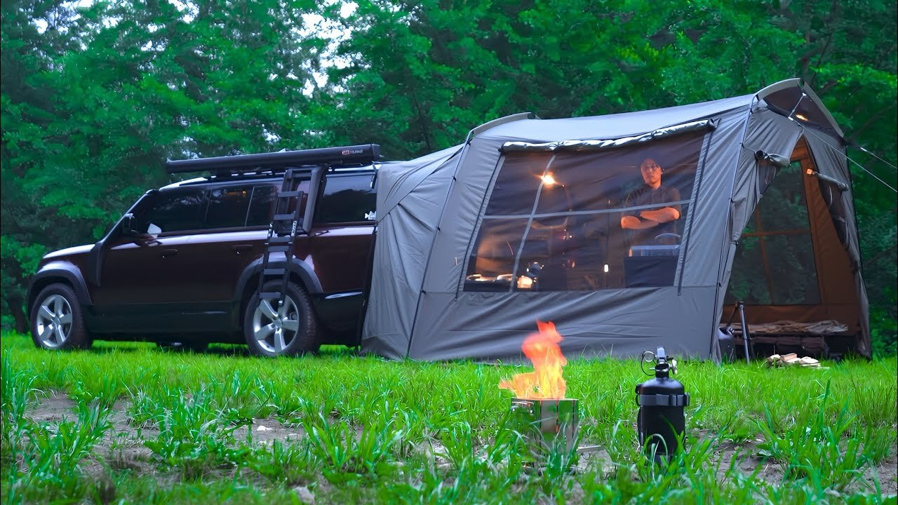 💰 SUPER CAR, SUPER TENT 🍗 Overnight Camping On Greenfield | LAND ROVER DEFENDER 130, ASMR