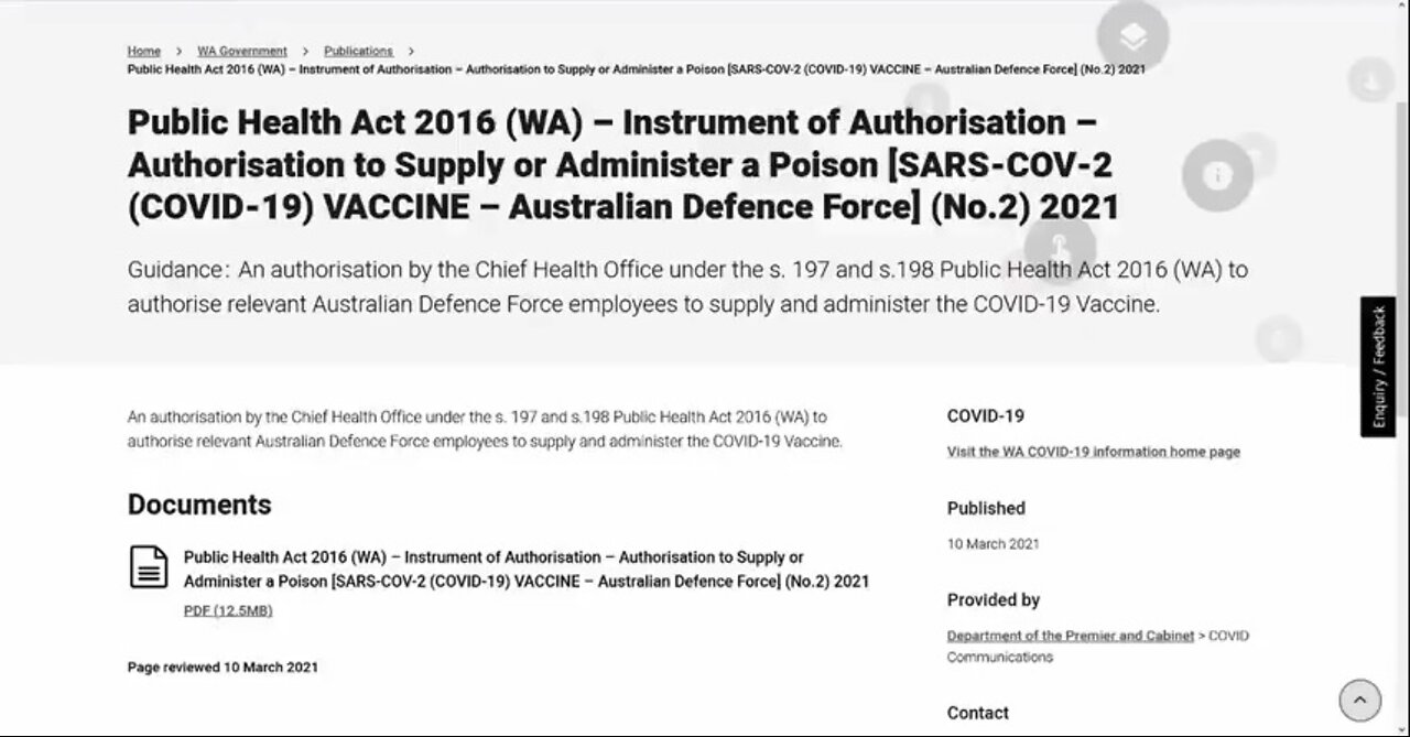 Western Australian Govt Authorized the Supply & Administration of a "POISON" vaccine, 1 May 2021