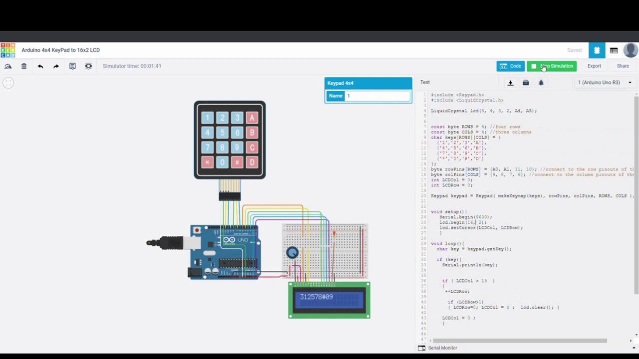 كيفية تشغيل لوحة المفاتيح 4*4 مع أردوينو أونو وشاشة كريستالية على برنامج المحاكاة تينكركاد