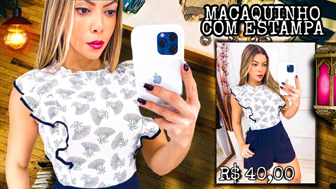 Macaquinho com estampa encima" Detalhe de babado, Bolsos na frente/ shopee