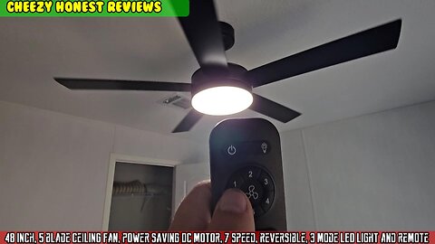 48 inch, 5 blade Ceiling Fan, power saving DC motor, 7 speed, reversible, 3 mode LED light w remote