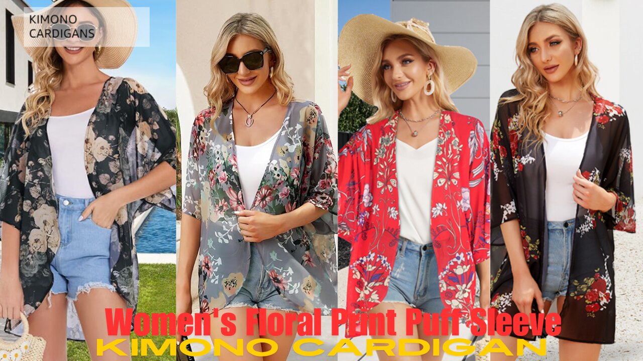 Women's Floral Print Puff Sleeve Kimono Cardigan - Loose Cover Up Casual Blouse Tops