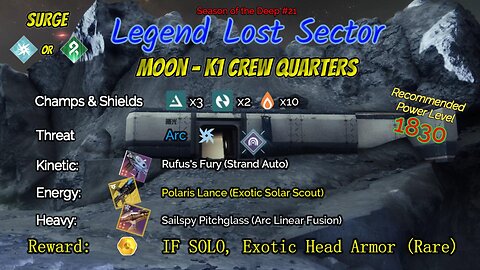 Destiny 2 Legend Lost Sector: Moon - K1 Crew Quarters on my Arc Warlock 6-4-23