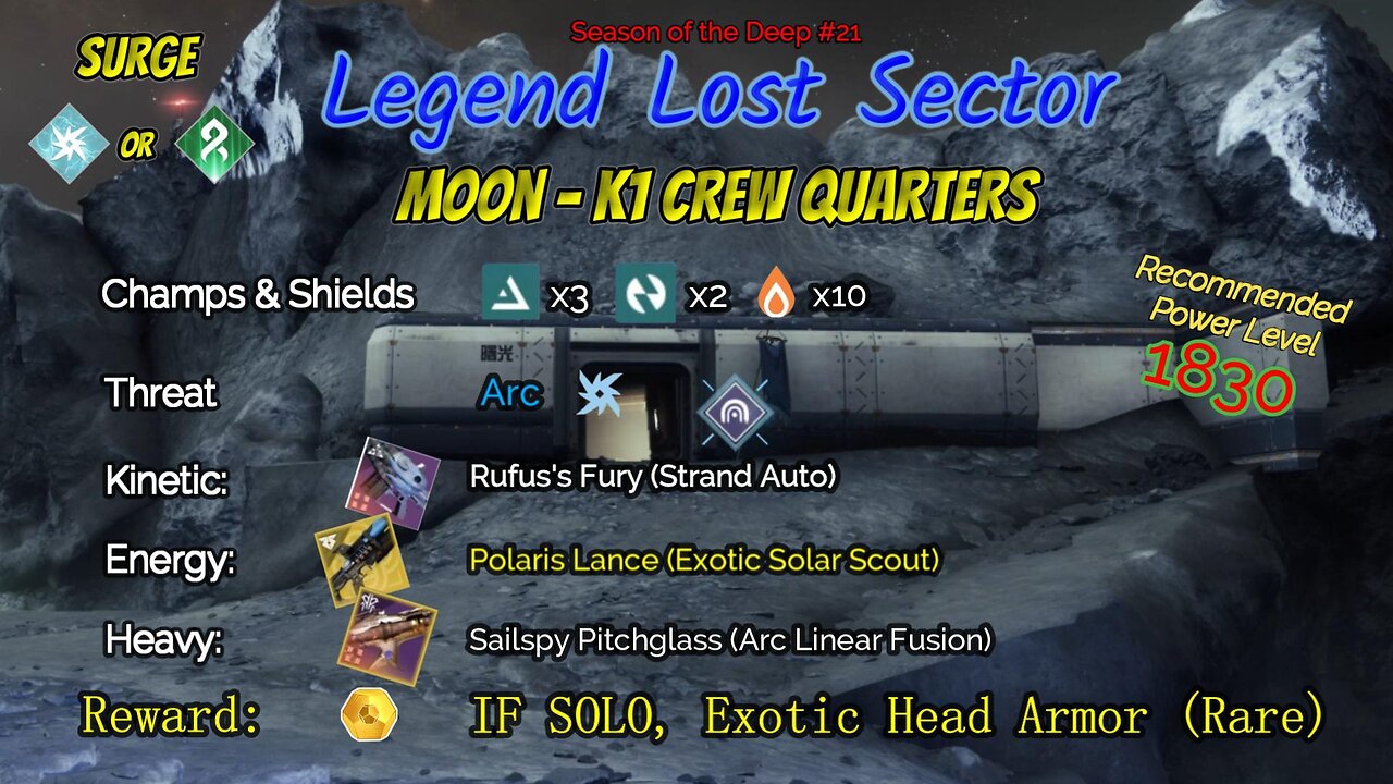 Destiny 2 Legend Lost Sector: Moon - K1 Crew Quarters on my Arc Warlock 6-4-23