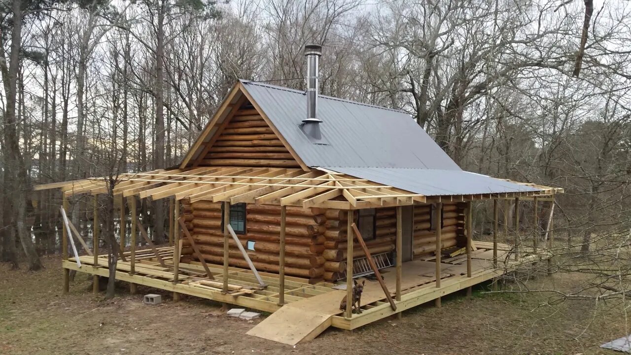 Off Grid Log Cabin Build #25H Sheet Metal Porch Roof