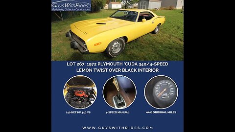 43K-Mile 1972 Plymouth 'Cuda 340/4-Speed For Sale at Auction. Watch this Video and Place Your Bid!