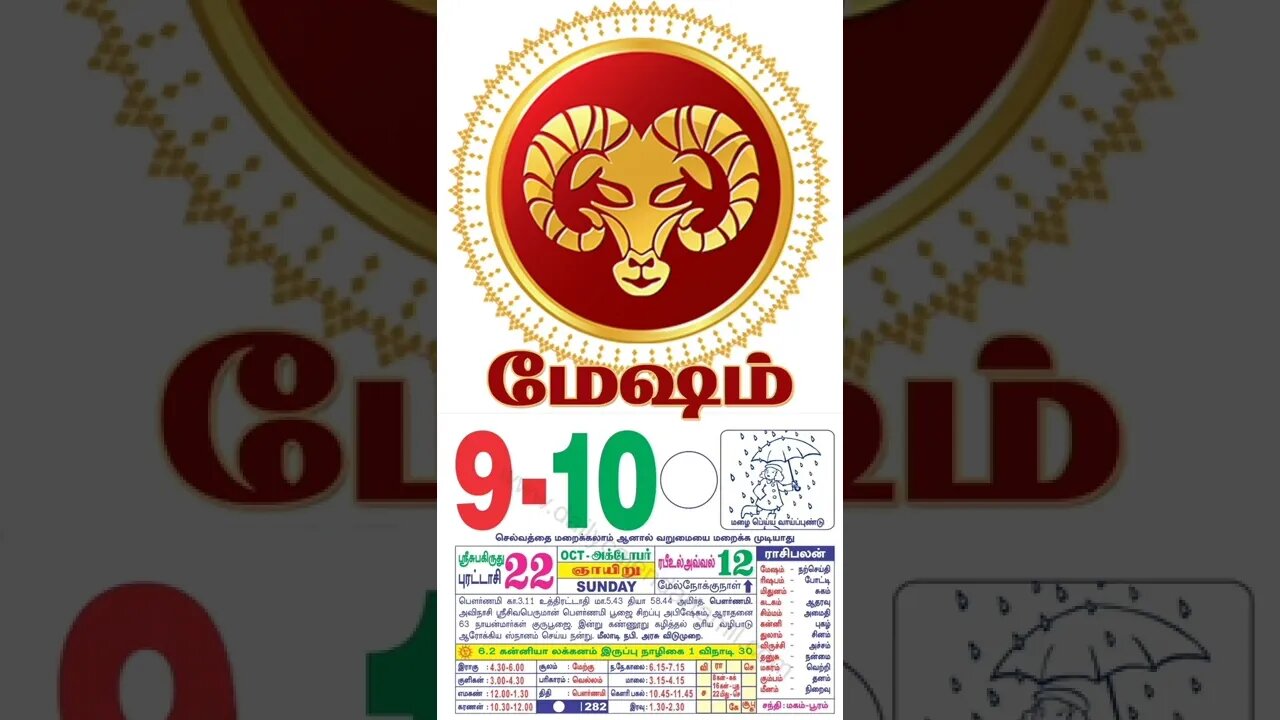 மேஷம் || இன்றைய ராசிபலன் || 09|10|2022 ஞாயிற்றுக்கிழமை