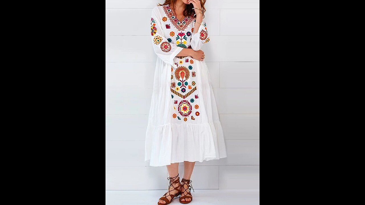 Women's O-Neck Long Sleeve Dew Dress Floral Print Anti-Pixel Bohemian Nature Vacation Dress