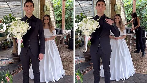 Groom stands eagerly with a bouquet in hand, trying to guess the details of his bride’s dress