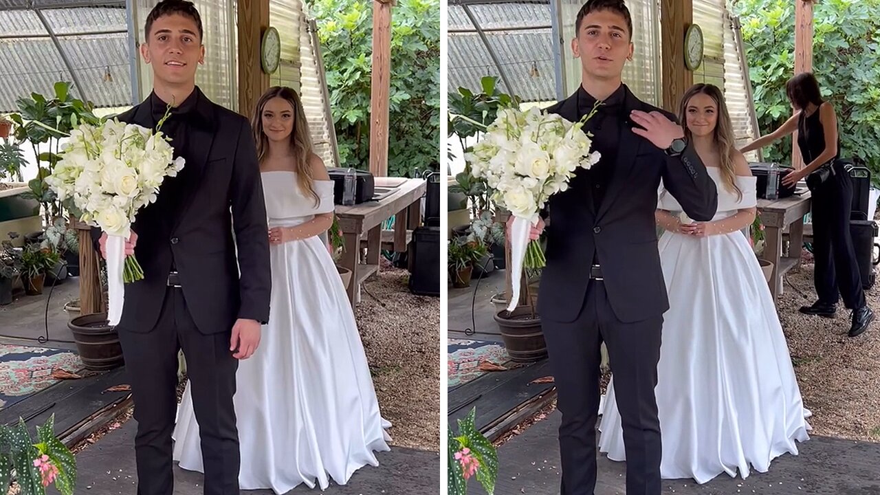 Groom stands eagerly with a bouquet in hand, trying to guess the details of his bride’s dress